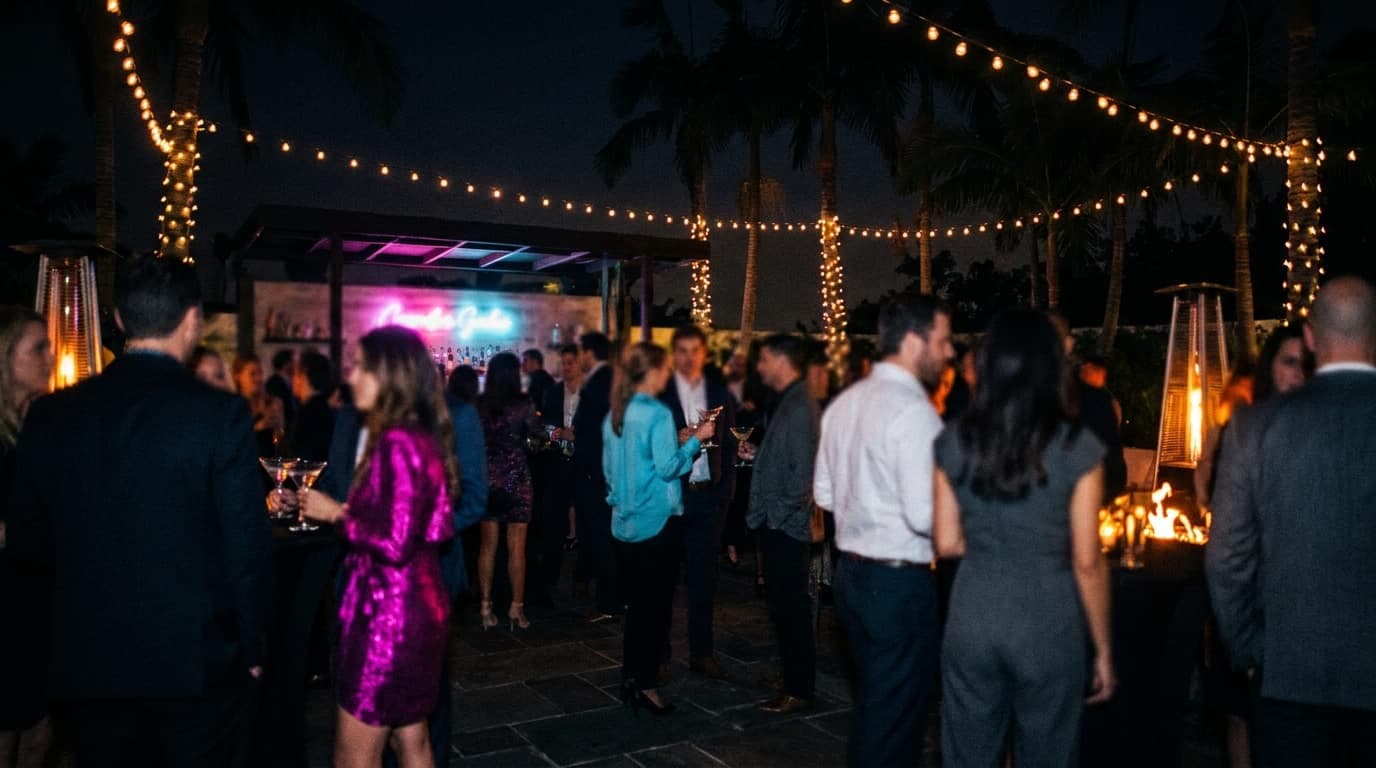 Guests in black, red, white and gray mingling under string lights on a cocktail patio