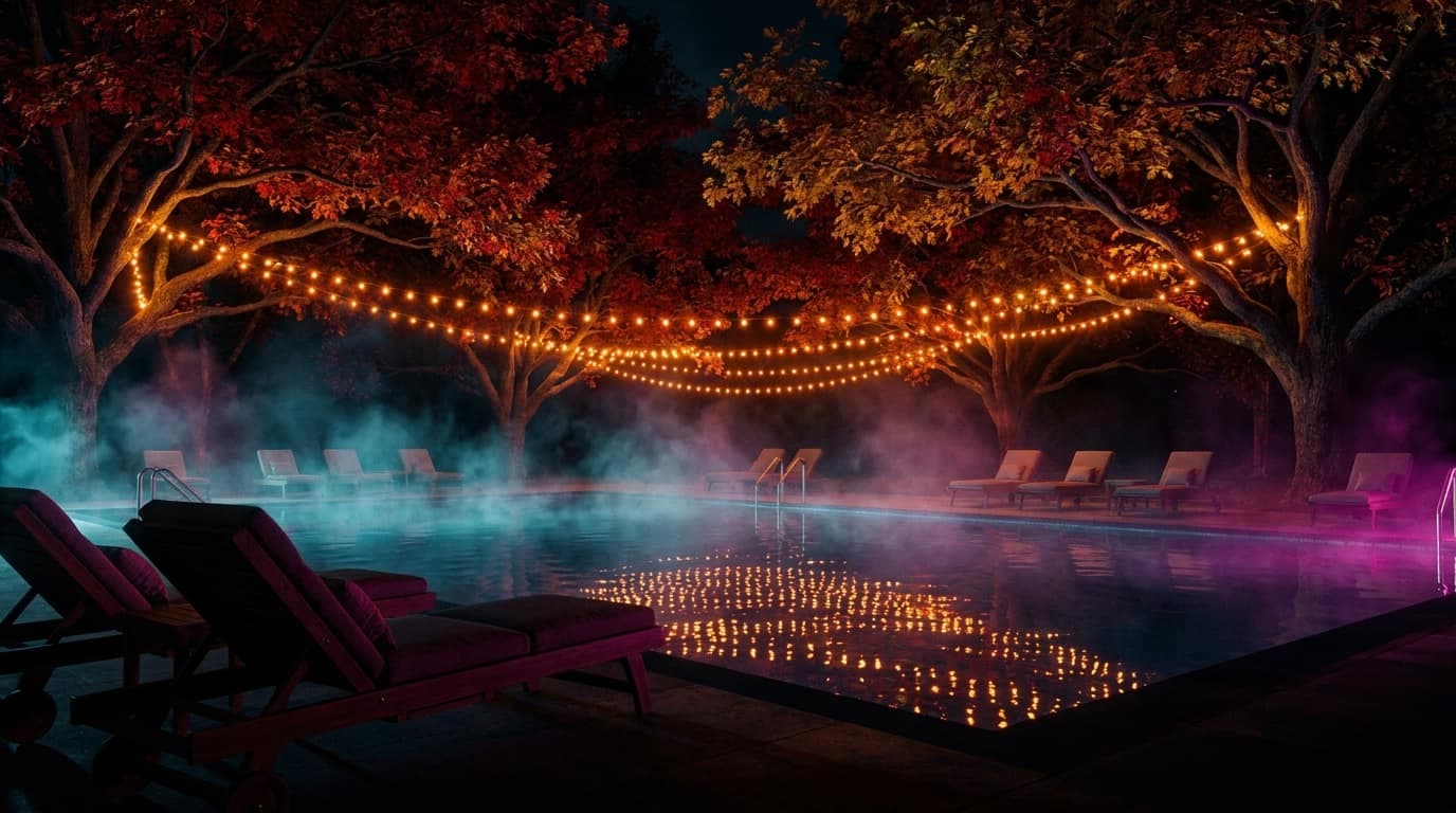 Twinkle-lit autumn oaks arching over a moonlit hotel pool