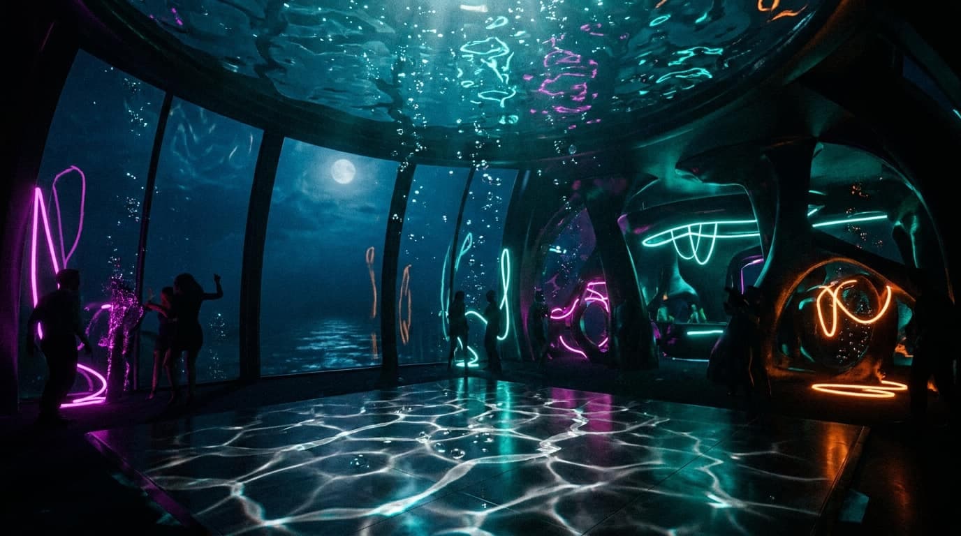 Silver and cyan light shimmering through a deep-blue underwater club dreamscape