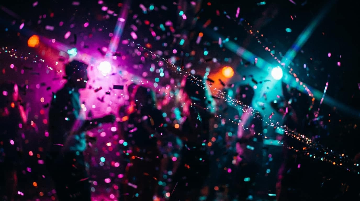 Confetti falling over a magenta-and-cyan dancefloor in motion blur