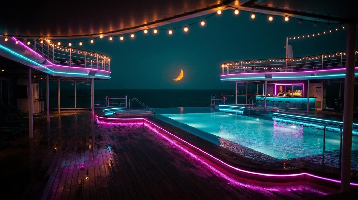 The string-lit upper deck of a cruise ship over a moonlit teal sea