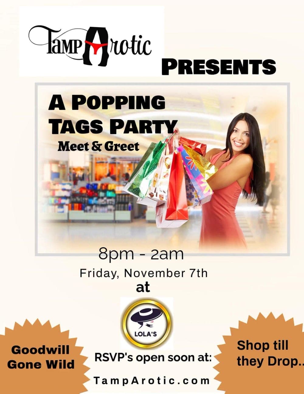 Flyer — Popping Tags, TampArotic 'Goodwill Gone Wild' thrift-themed meet-and-greet Friday Nov 7 at Lola's.